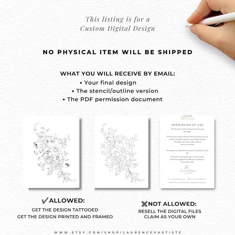 Pode incluir: Um an&uacute;ncio de design digital com texto indicando que &eacute; um design digital personalizado sem envio de itens f&iacute;sicos. Inclui um design final, um contorno de est&ecirc;ncil e um documento de permiss&atilde;o em PDF com &iacute;cones de uso permitido e proibido.