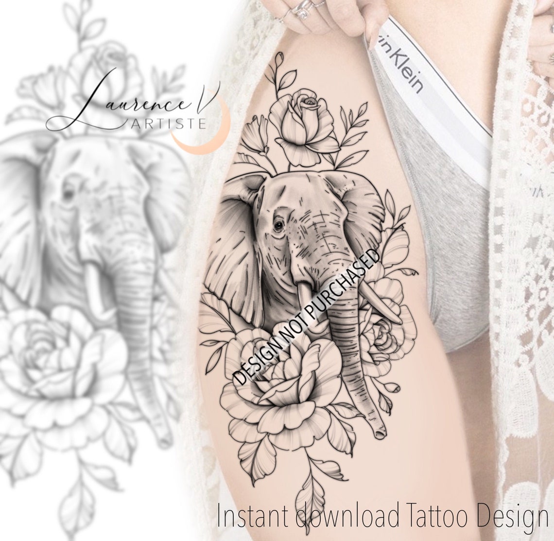 Instant Download Tattoo Design Elephant and Roses Tattoo | Etsy