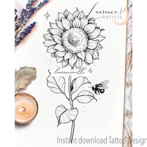 Tattoo Design | Instant Download | Sunflower and Bee | Tattoo Stencil