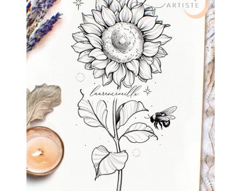 Puede incluir: Diseño de tatuaje en blanco y negro de una línea de arte de un girasol con una abeja volando cerca. El diseño incluye una pequeña estrella y el texto "laurenceneillx".