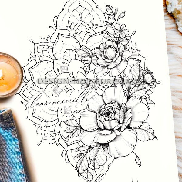 Tattoo-Design| Sofortiger Download| Mandala Pfingstrosen| Tattoo Schablone