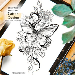 Tattoo Design | Instant Download | Butterfly Snake and Daisies | Tattoo Stencil | Tattoo design