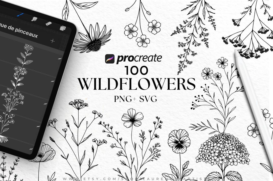 100 Wildflower Procreate Tattoo Brushes Stamp PNG SVG Bundle | Flower ...