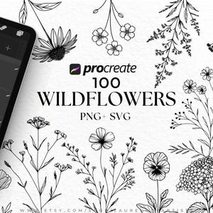 May include: Black and white digital illustrations of 100 wildflowers, available in PNG and SVG formats. The image includes a tablet with a stylus, and the Procreate logo. The text reads "100 Wildflowers".