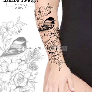 Instant Download Tattoo Design Chickadee Bird Roses and Pine Printable ...