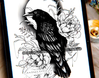 Tattoo Design | Instant Download | Crow Peonies and Wildflowers | Tattoo Stencil