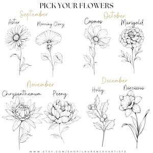 May include: A black and white line drawing illustration of flowers for each month of the year. September: Aster and Morning Glory. October: Cosmos and Marigold. November: Chrysanthemum and Peony. December: Holly and Narcissus.