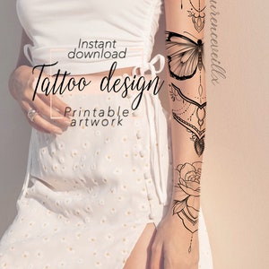 Sleeve Tattoo Design for Women | Flower Ornamental Butterfly Floral Bouquet Tattoo Ideas Drawing Stamps | Tattoo Stencil Flash Outline image 3