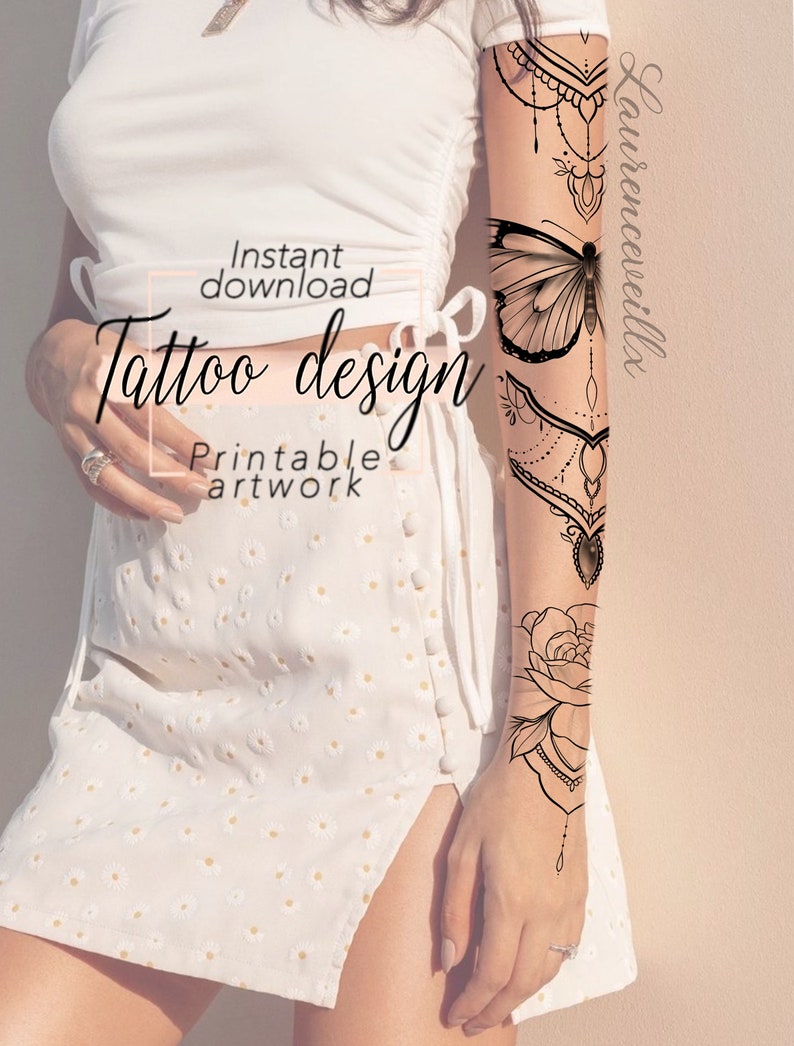 Sleeve Tattoo Design for Women | Flower Ornamental Butterfly Floral Bouquet Tattoo Ideas Drawing Stamps | Tattoo Stencil Flash Outline image 3