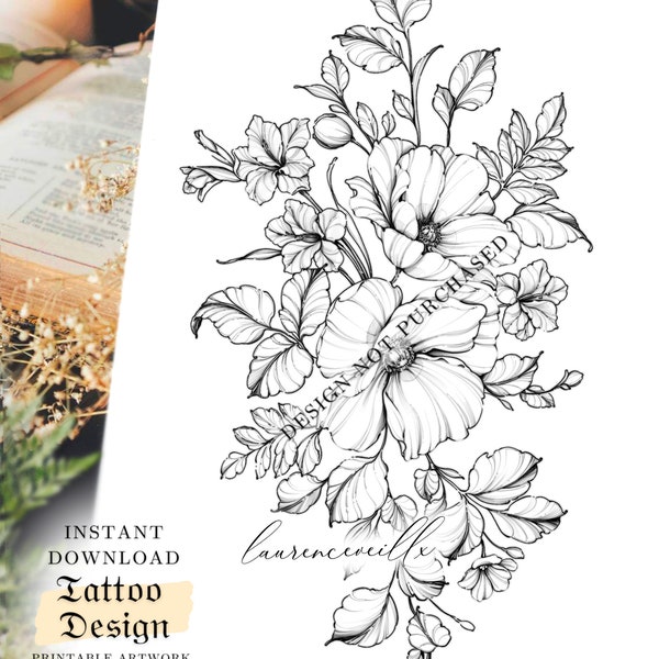 Tattoo Design for Women | Tattoo Drawing Stencil Outline | Ready to Download | August Birth Flower Tattoo Ideas | Poppy Gladiolus Bouquet