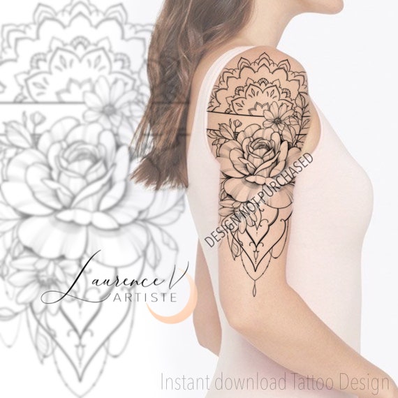 Rose flower over mandala. Tattoo flash. Highly detailed vector illustration  isolated on white. Tattoo design, mystic symbol. New school dotwork. Boho  design. Stock Vector | Adobe Stock
