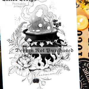 Tattoo Design | Instant Download | Witch Cauldron, Wild Berries and Flowers | Tattoo Stencil
