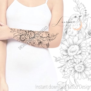 Tattoo Design | Instant Download | Bird, Sunflower and Lily | Tattoo Stencil