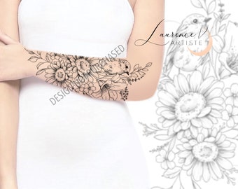 Tattoo Design | Instant Download | Bird, Sunflower and Lily | Tattoo Stencil