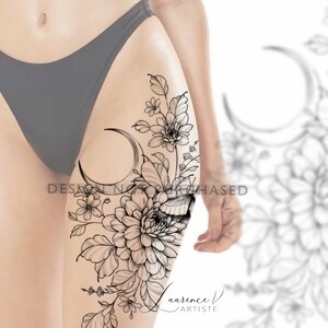 May include: Black and white line art tattoo design featuring a crescent moon, a large flower, and other floral elements. The design is on a person's thigh.