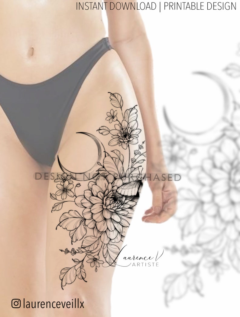 May include: Black and white line art tattoo design featuring a crescent moon, a large flower, and other floral elements. The design is on a person's thigh.