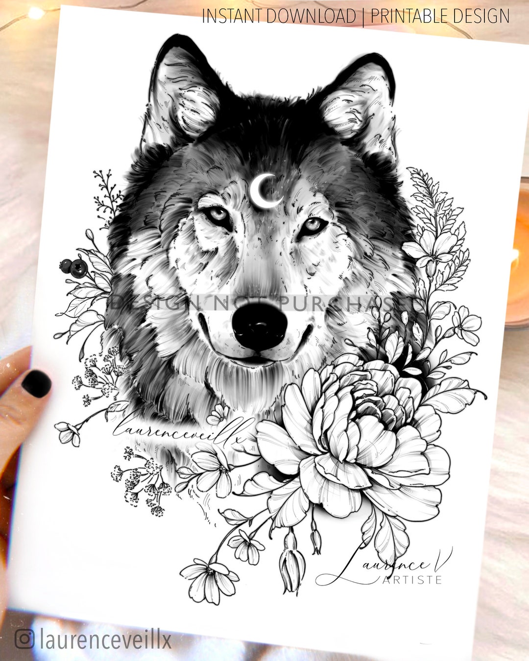 Instant Download Tattoo Design Wolf Wildflowers and Leaves Etsy #68 Instant Download Tattoo Design Wolf Wildflowers and Leaves Etsy