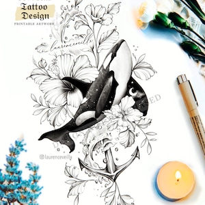 Tattoo Design Ideas for Women | Orca Whale Animal Hibiscus Anchor | Download Drawing Stencil Outline | Half Sleeve Thigh Hip Female Tattoo
