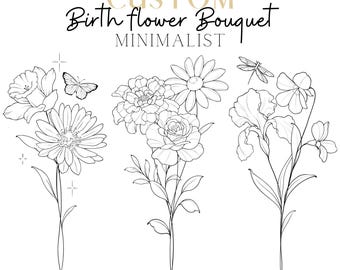 Custom Birth Month Flower Bouquet | Line Art Tattoo | Personalized Family Kids Grandma Birth Flowers | Fathers Day Gift | DIGITAL DESIGN