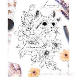 Desenho de tatuagem | Download instantâneo | Gato, abelha e flores silvestres | Estênceis de tatuagem