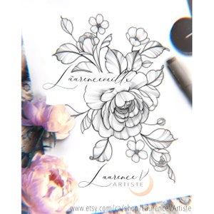 Tattoo Design | Instant Download | Peonies, Leaves and Flowers | Printable Tattoo Stencil