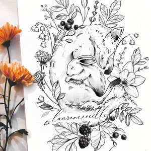 Tattoo Design | Instant Download | Fox, Rabbit and Wildflowers | Tattoo Stencil