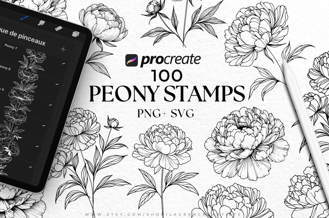 100 Peony Png Svg Procreate Brushes Bundle | Procreate Stamps | Wedding ...