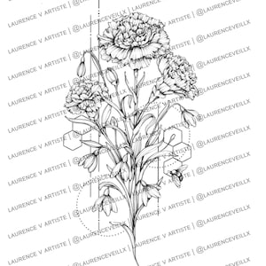 Tattoo Design for Women | Tattoo Drawing Stencil Outline | Ready to Download | January Birth Flowers Carnation Snowdrop Tattoo Ideas