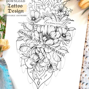 Printable Tattoo Design | Peonies Poppies and Mandala | Digital Tattoo Design | Tattoo Design for Women