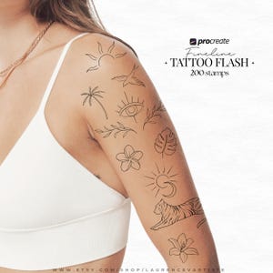 May include: Black line art temporary tattoos featuring a sun, bird, palm tree, eye, leaves, flower, and tiger. The image includes the text "Procreate Fineline Tattoo Flash + 200 stamps".