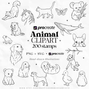 Op de afbeelding: Een verzameling handgetekende dierenillustraties in zwart-wit, waaronder een kat, paard, vlinder, koala, bever, kikker, walvis, hond, aap, konijn, otter, eend en pinguïn, met de tekst Procreate Animal CLIPART 200 stamps.