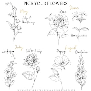 May include: A black and white line drawing illustration of flowers for each month of the year.  May: Lily of the Valley, June: Honeysuckle, July: Larkspur, August: Poppy,  September: Water Lilly, October: Gladiolus.