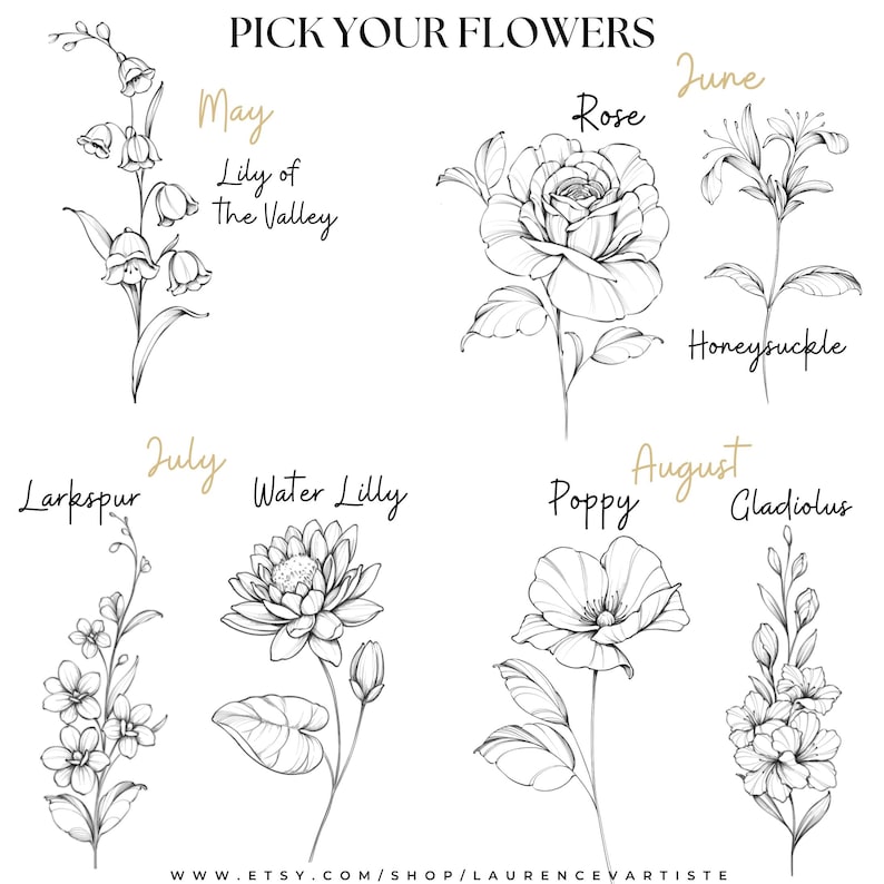 May include: A black and white line drawing illustration of flowers for each month of the year.  May: Lily of the Valley, June: Honeysuckle, July: Larkspur, August: Poppy,  September: Water Lilly, October: Gladiolus.