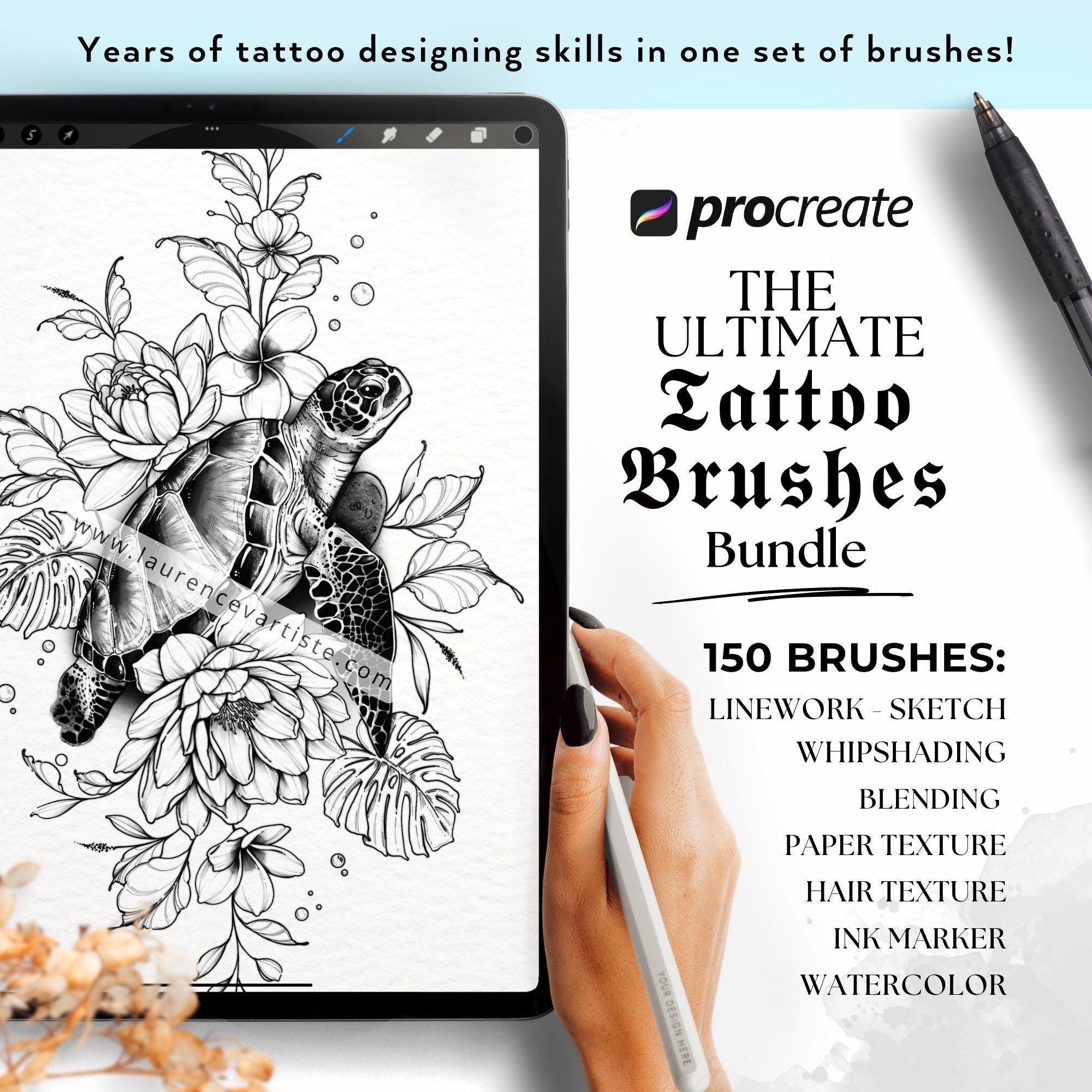 Procreate Tattoo Brushes Bundle | Tattoo Sketch Linework Fineliner Brushes | Dotwork Stipple Whipshading Blending Paper Texture Brush Set