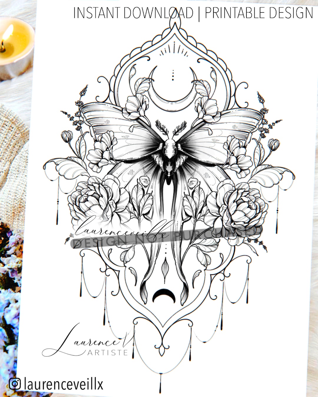 Tattoo Design Ornemental Luna Moth Instant Download Tattoo Stencil ...