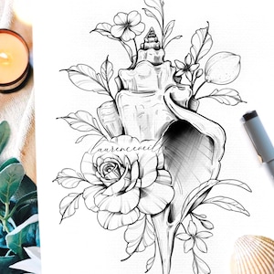 May include: A black and white line drawing of a seashell with a rose and other flowers growing out of it. The drawing is on a white background.