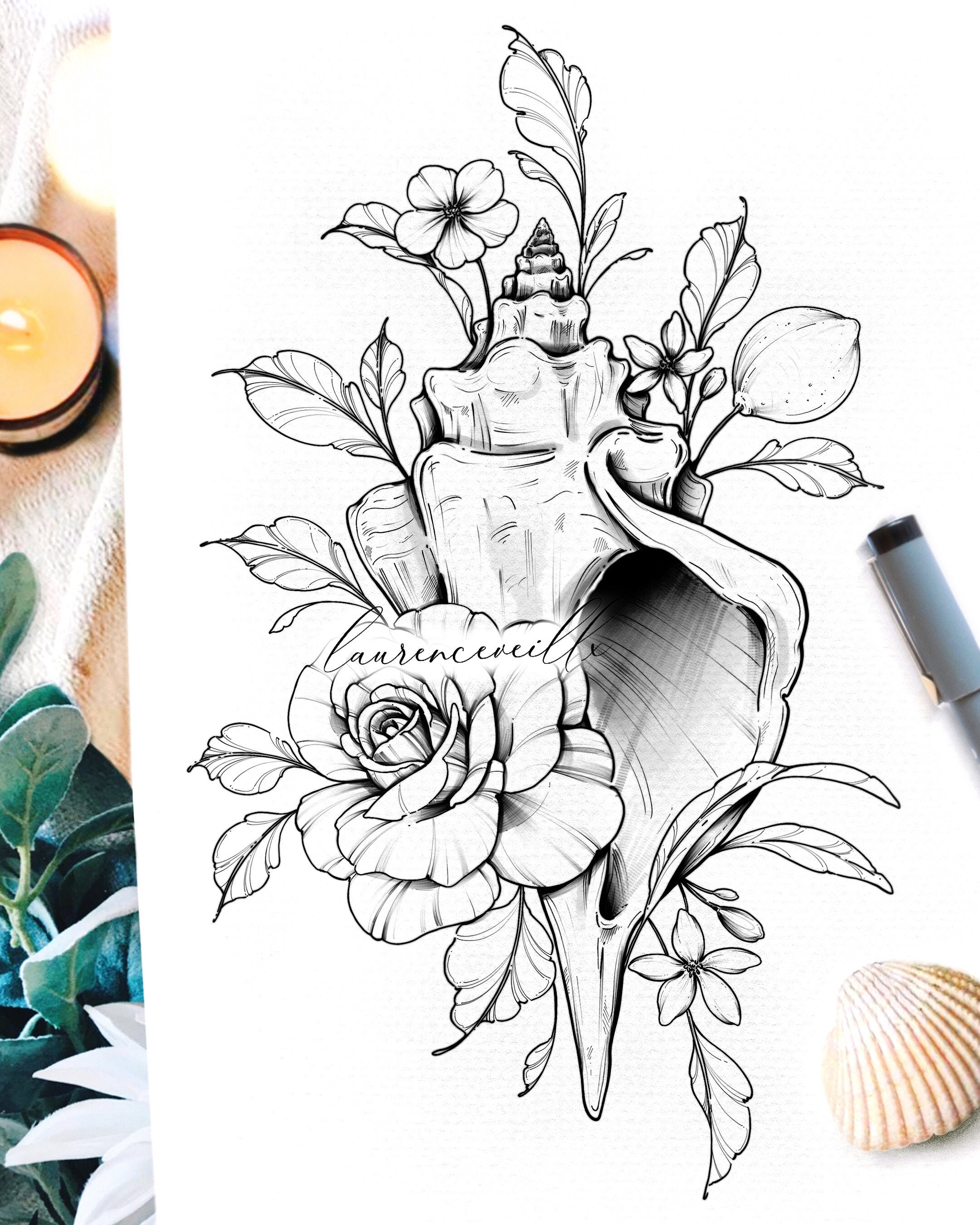 instant download tattoo design shell and rose printable etsy