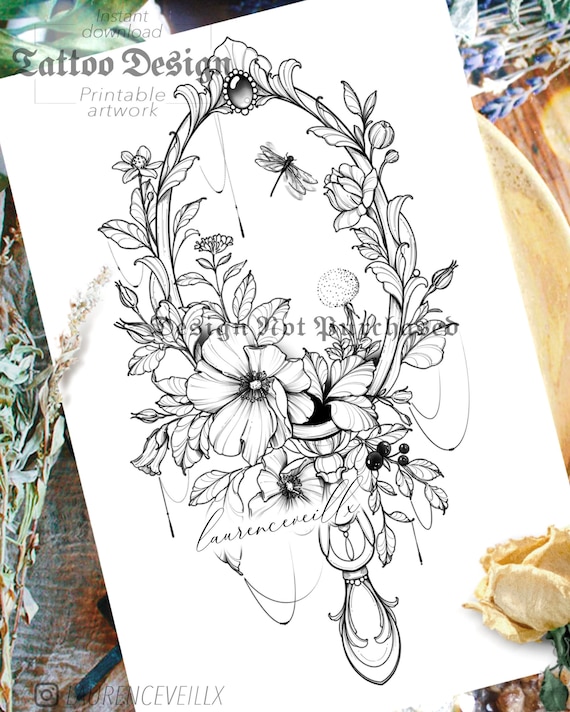 Instant Download Tattoo Design Vintage Mirror Flowers and Etsy