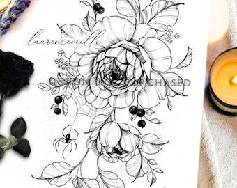 May include: A black and white line drawing of a floral arrangement with a spider and web. The flowers are roses and the leaves are detailed. The drawing is on a white background.