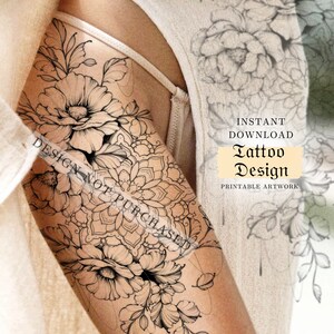 Pu&ograve; includere: Un design di tatuaggio in bianco e nero con arte di linea che presenta un mandala ed elementi floreali. Il design &egrave; sulla gamba di una donna. Il testo "Download immediato Design del tatuaggio Opera d'arte stampabile" &egrave; visibile nell'immagine.