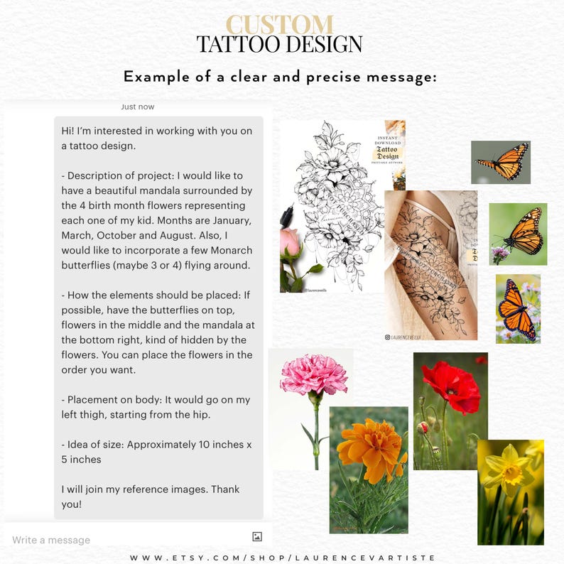 Pode incluir: Um servi&ccedil;o de design de tatuagem personalizado apresentando um exemplo de mensagem de texto, um esbo&ccedil;o de mandala floral em preto e branco e imagens de refer&ecirc;ncia de borboletas monarca, um cravo rosa, uma cal&ecirc;ndula laranja, uma papoula e um narciso.