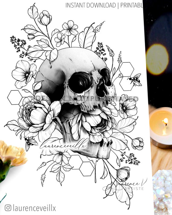 instant download tattoo design skull bees and flowers etsy
