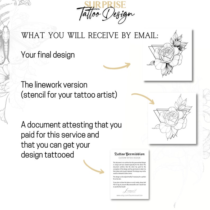 Puede incluir: Una ilustraci&oacute;n digital de una rosa con hojas dentro de un tri&aacute;ngulo geom&eacute;trico. La imagen es un dise&ntilde;o para un tatuaje. El texto "SURPRISE Tattoo Design" est&aacute; en la parte superior de la imagen. El texto "WHAT YOU WILL RECEIVE BY EMAIL:" est&aacute; debajo del t&iacute;tulo. El texto "Your final design", "The linework version (stencil for your tattoo artist)" y "A document attesting that you paid for this service and that you can get your design tattooed" est&aacute;n listados debajo del t&iacute;tulo. El texto "Tattoo Permission CUSTOM TATTOO DESIGN" est&aacute; en la parte inferior de la imagen.