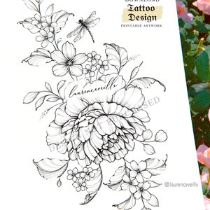 Tattoo Design Ideas for Women | Download Drawing Stencil Outline | Peony Flower Dragonfly Leaves Floral | Sleeve Thigh Hip Tattoo
