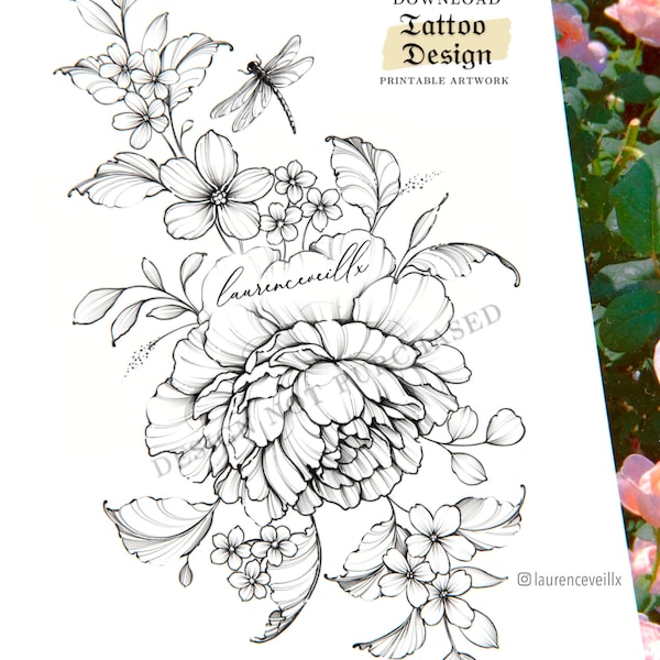 Peony Dragonfly Tattoo Design Women | Floral Flower Tattoo Drawing Stamps | Tattoo Stencil Flash Outline | Printable Female Tattoo Design