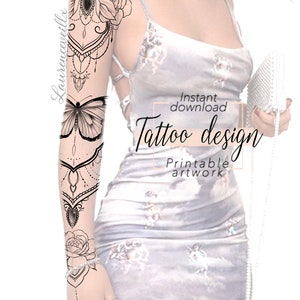 Sleeve Tattoo Design for Women | Flower Ornamental Butterfly Floral Bouquet Tattoo Ideas Drawing Stamps | Tattoo Stencil Flash Outline image 4