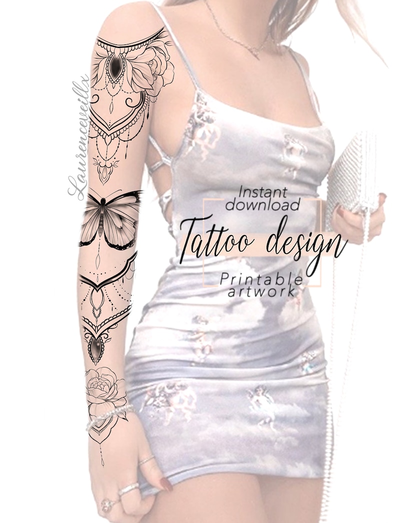 Sleeve Tattoo Design for Women | Flower Ornamental Butterfly Floral Bouquet Tattoo Ideas Drawing Stamps | Tattoo Stencil Flash Outline image 4