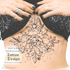 Desenho de tatuagem | Download instantâneo | Favo de mel de abelha peônia | Estêncil de tatuagem | desenho de tatuagem