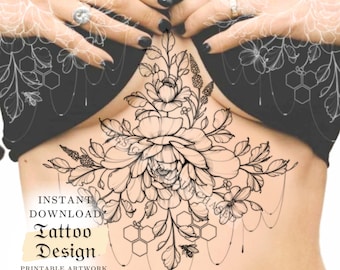 May include: Black and white line art tattoo design of a large flower with smaller flowers and leaves. The design includes a honeycomb pattern and a bee. The text "Instant Download Tattoo Design Printable Artwork @laurenceveillx" is at the bottom of the image.