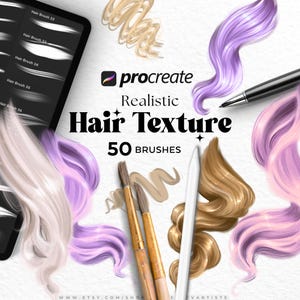 May include: A digital art graphic featuring the Procreate logo and text "Realistic Hair Texture 50 Brushes." The image includes examples of digital hair in various colors, a stylus, and paintbrushes. A tablet displays brush options.